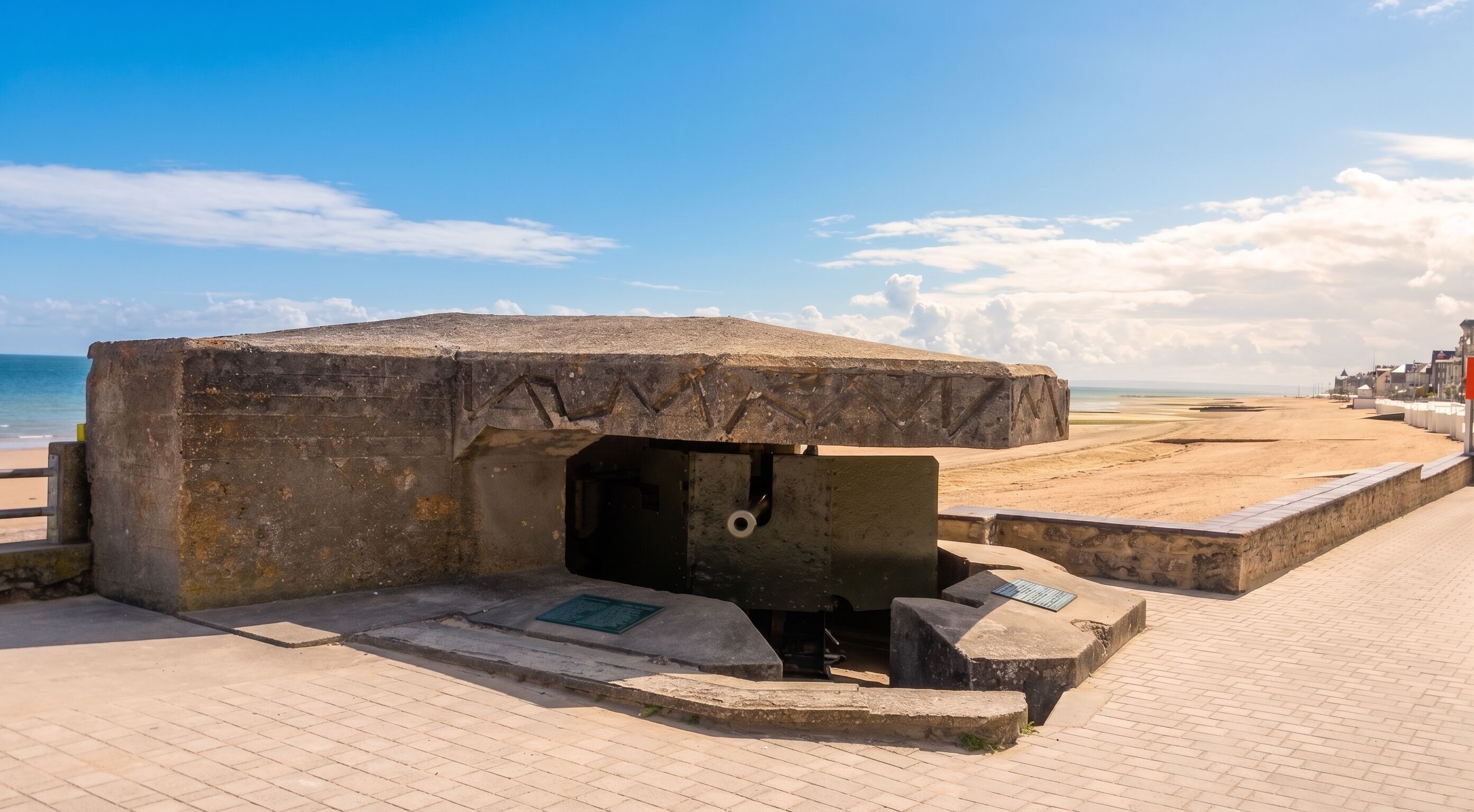 Een betonnen constructie met een ronde opening, gelegen op een verhard gebied nabij een strand.