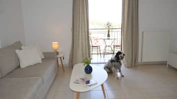 Panoramic Apartment, 1 Queen Bed with Sofa bed, Terrace, Sea View | Living area | Flat-screen TV