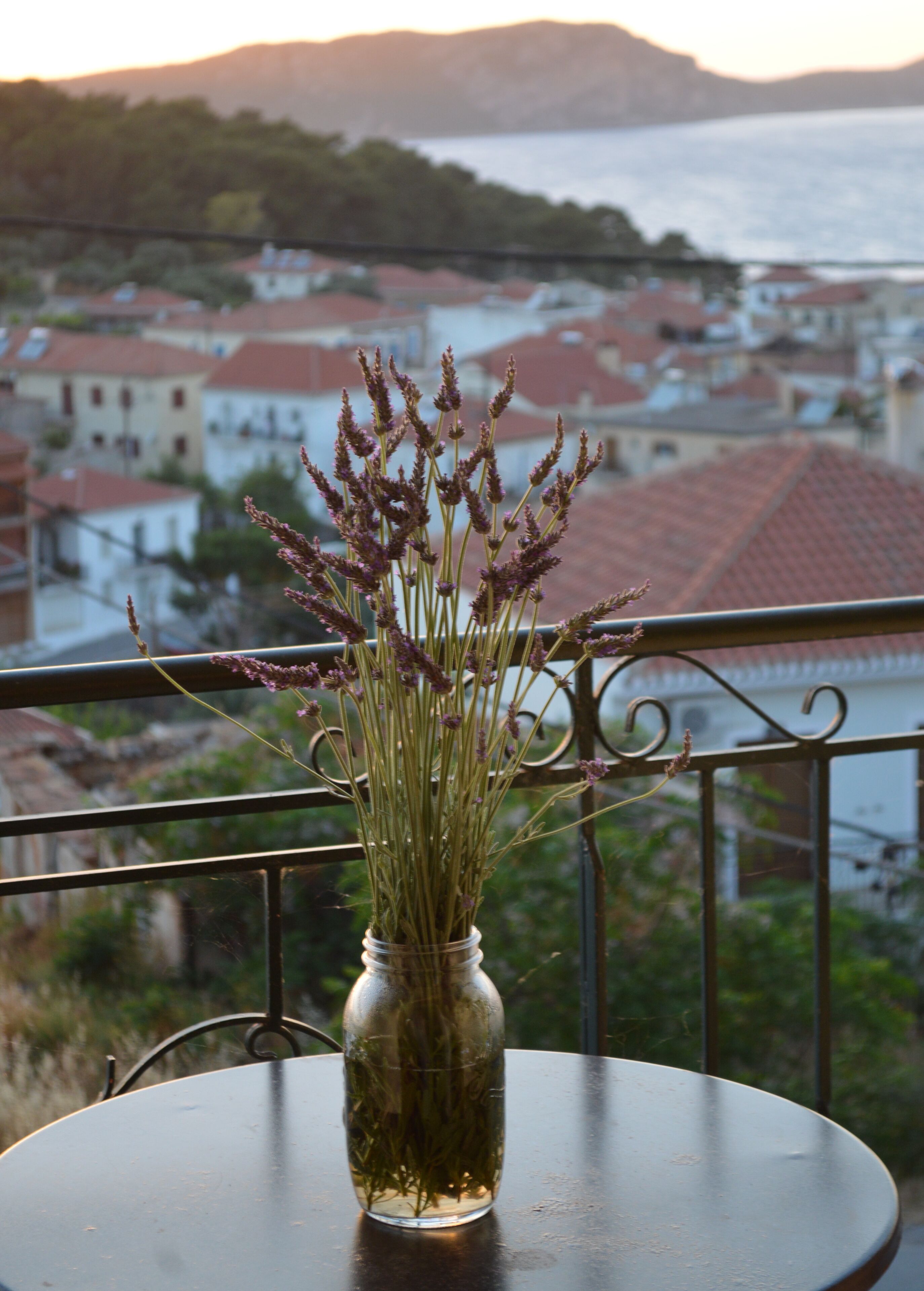A vase with dried flowers on a table with a view of a town and mountains in the background.