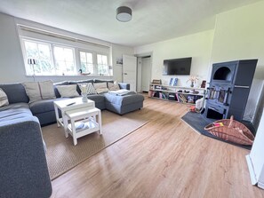 Télévision, cheminée, chaîne hi-fi