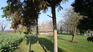 Une maison au toit de chaume, entourée d’un champ herbeux et d’arbres.