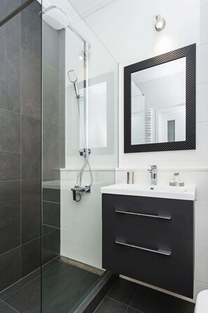 Shower, hair dryer, towels, shampoo