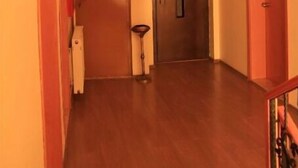 Un pasillo con piso de madera, una lámpara en el techo y dos puertas.