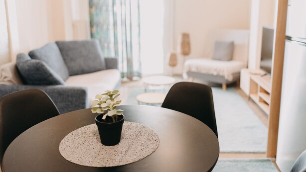 Una sala de estar moderna con una mesa redonda, una planta en maceta y un sofá.