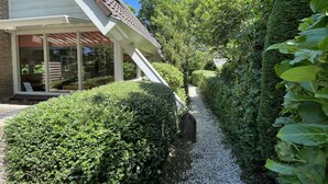 Un étroit sentier bordé d’une végétation luxuriante et un bâtiment doté de grandes fenêtres et d’un toit en pente.