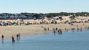 Une plage avec des gens, des parasols et des cabanes de plage.