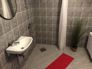 Huisje, kitchenette, uitzicht op meer | Badkamer | Een douche, handdoeken