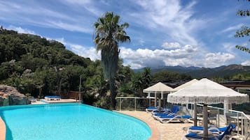 Seasonal outdoor pool, open 8:30 AM to 7:00 PM, pool umbrellas