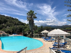 Seasonal outdoor pool, open 8:30 AM to 7:00 PM, pool umbrellas