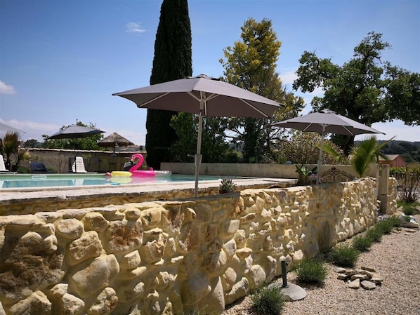 Seasonal outdoor pool, pool umbrellas, pool loungers