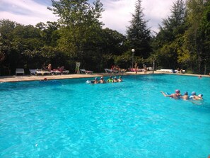A swimming pool with clear blue water, surrounded by trees and lounge chairs.