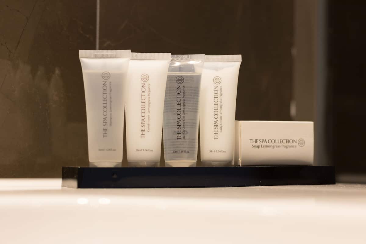 free toiletries, hair dryer, towels, soap