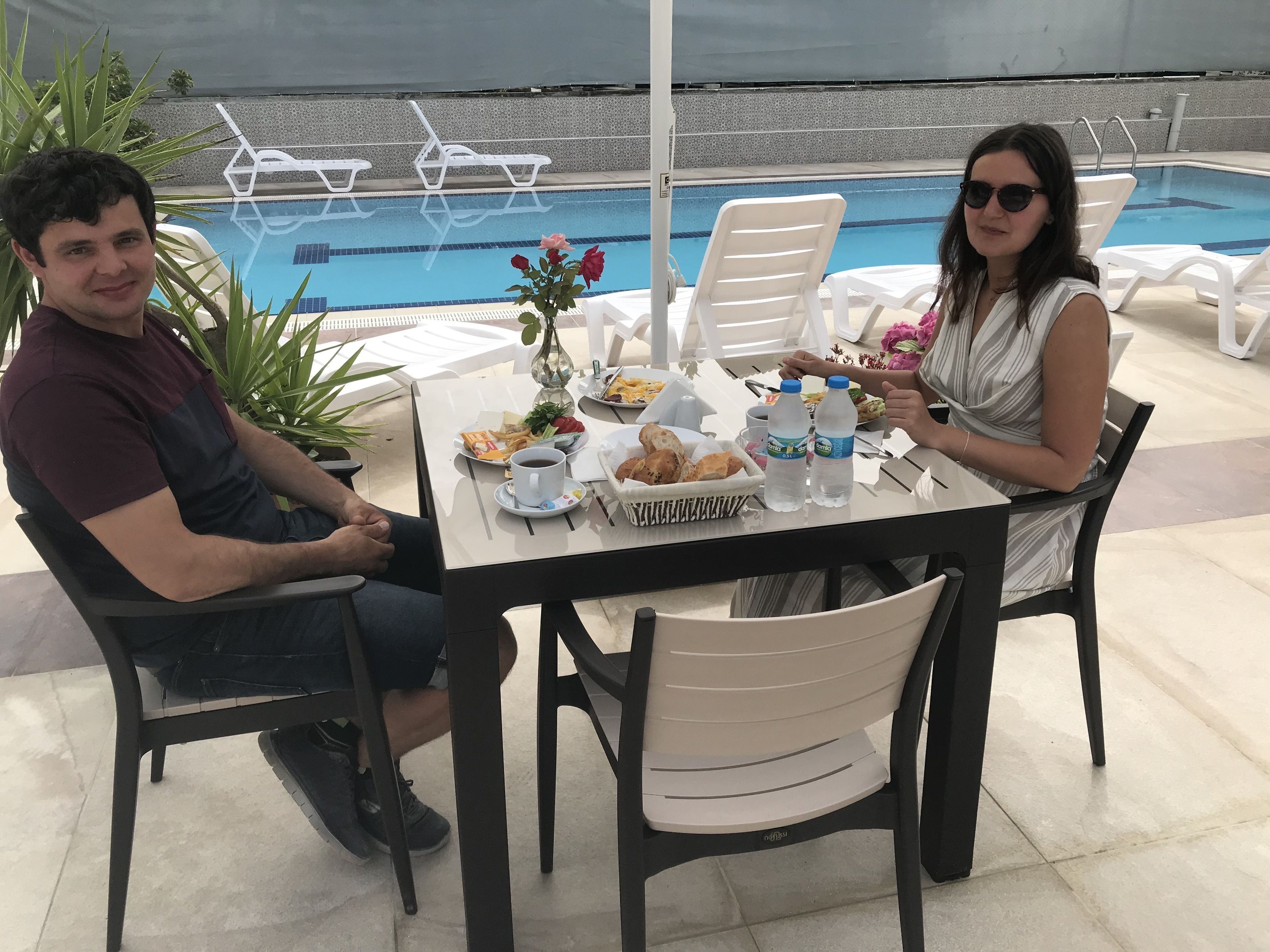 Una mesa de comedor con sillas, una piscina al fondo y una planta en maceta.