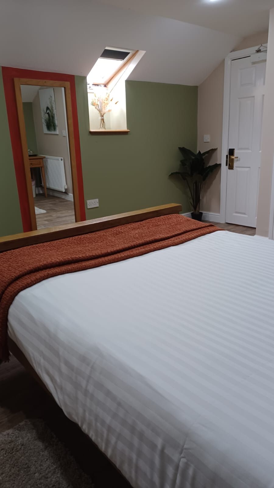 A bedroom with a bed, a mirror, a radiator, and a door.
