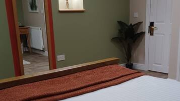 A bedroom with a bed, a mirror, a radiator, and a door.