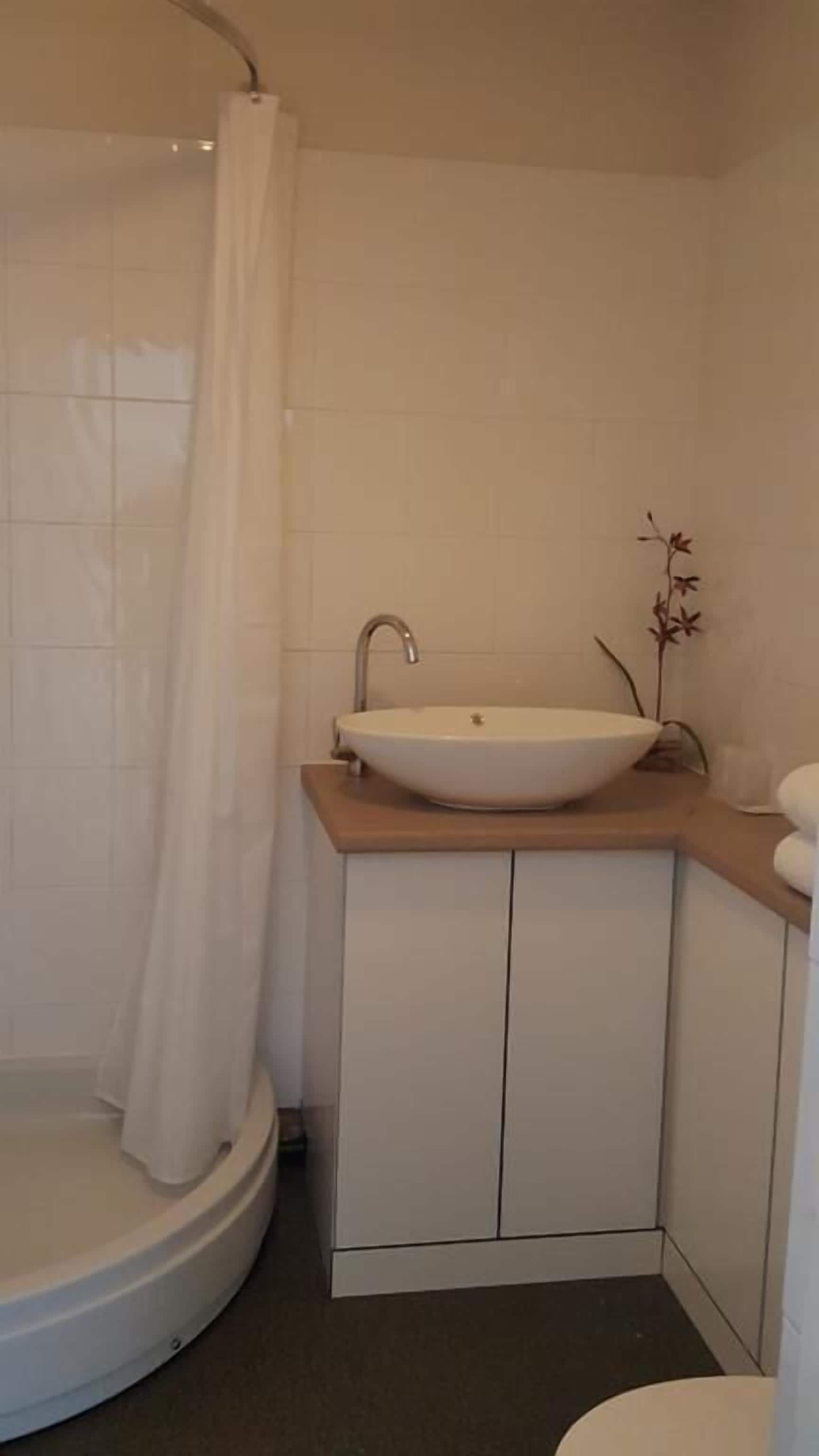 Een badkamer met een wit wastafel, een douchegordijn en een kleine plant.