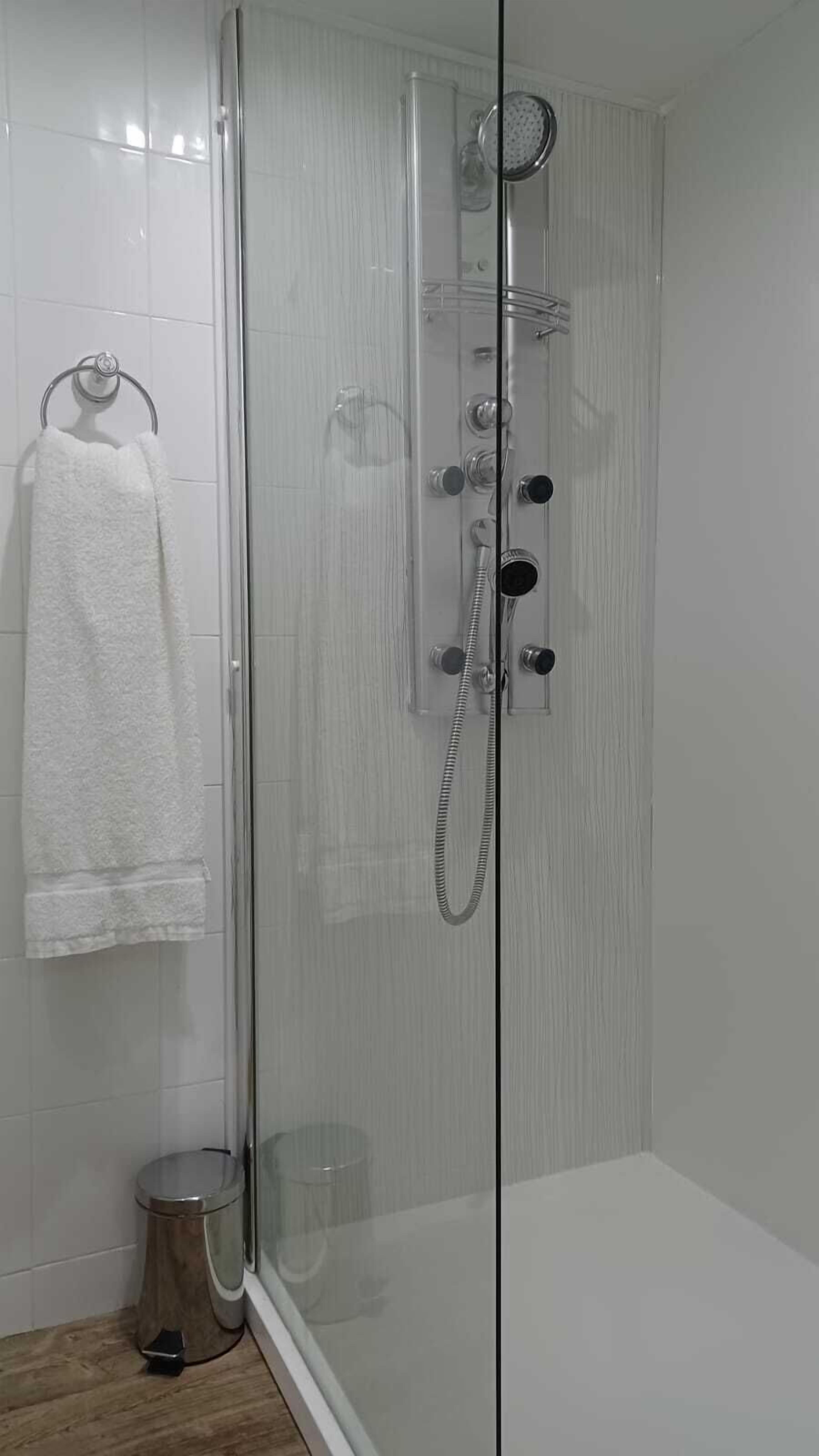 A glass-enclosed shower stall with a handheld showerhead, a wall-mounted faucet, and a towel rack with a white towel.
