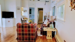 A living room with a plaid sofa, a small table with a vase, and a television on a stand. - The Dream chalet  (Cocagne)