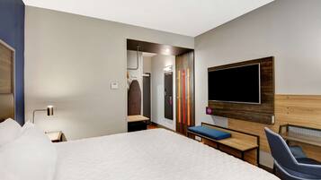 Desk, blackout drapes, soundproofing, iron/ironing board