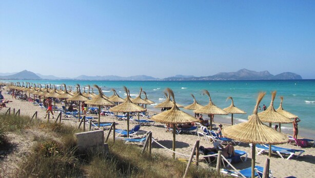 A beach with rows of sun loungers and thatched umbrellas, a clear blue sky, and distant mountains. - Llevant - Beautiful villa with pool in Can Picafort (Can Picafort)