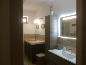 Shower, hair dryer, bathrobes, bidet