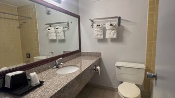 A bathroom with a granite countertop, a sink, a toilet, and a mirror.