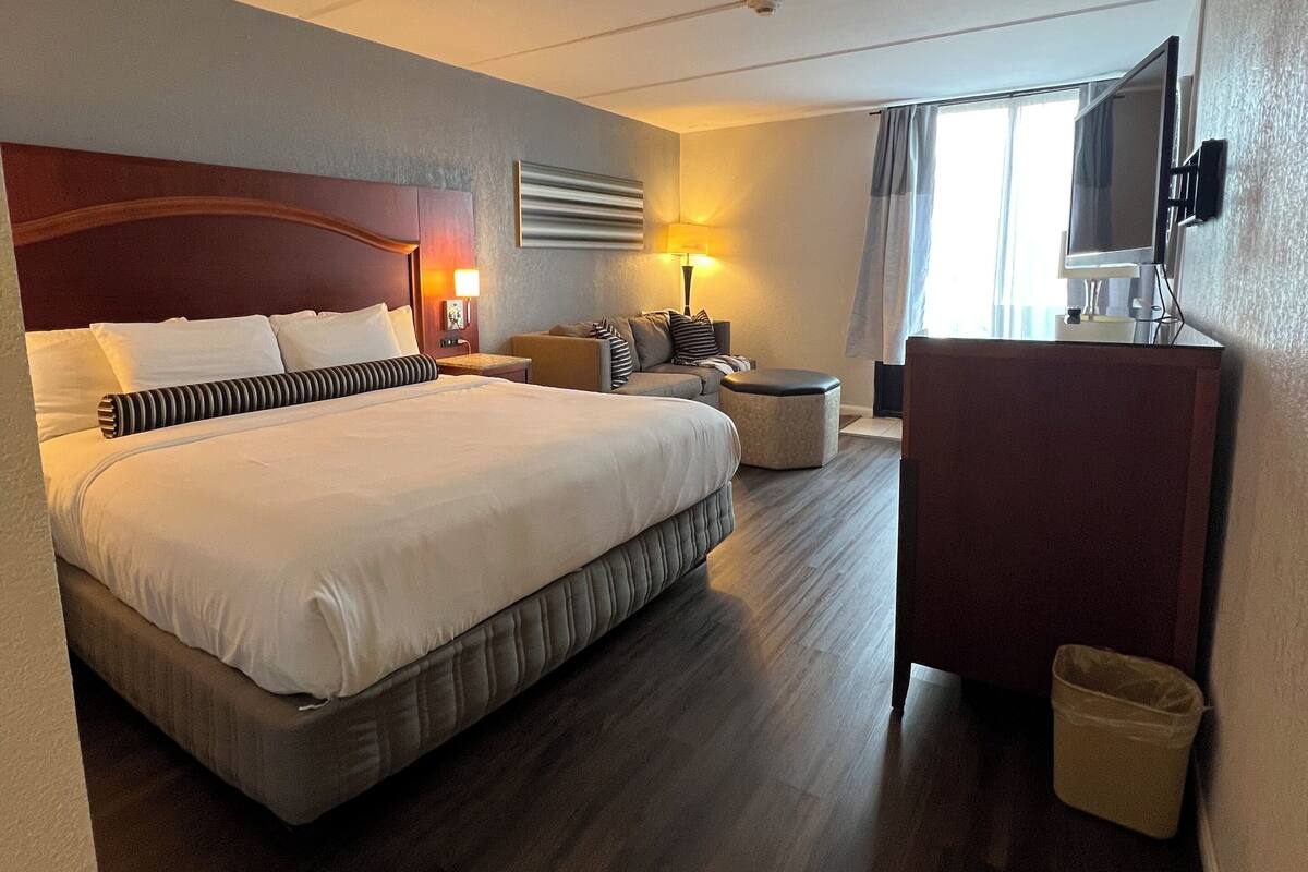 A hotel room with a large bed, a desk, a chair, a TV, and a trash bin.