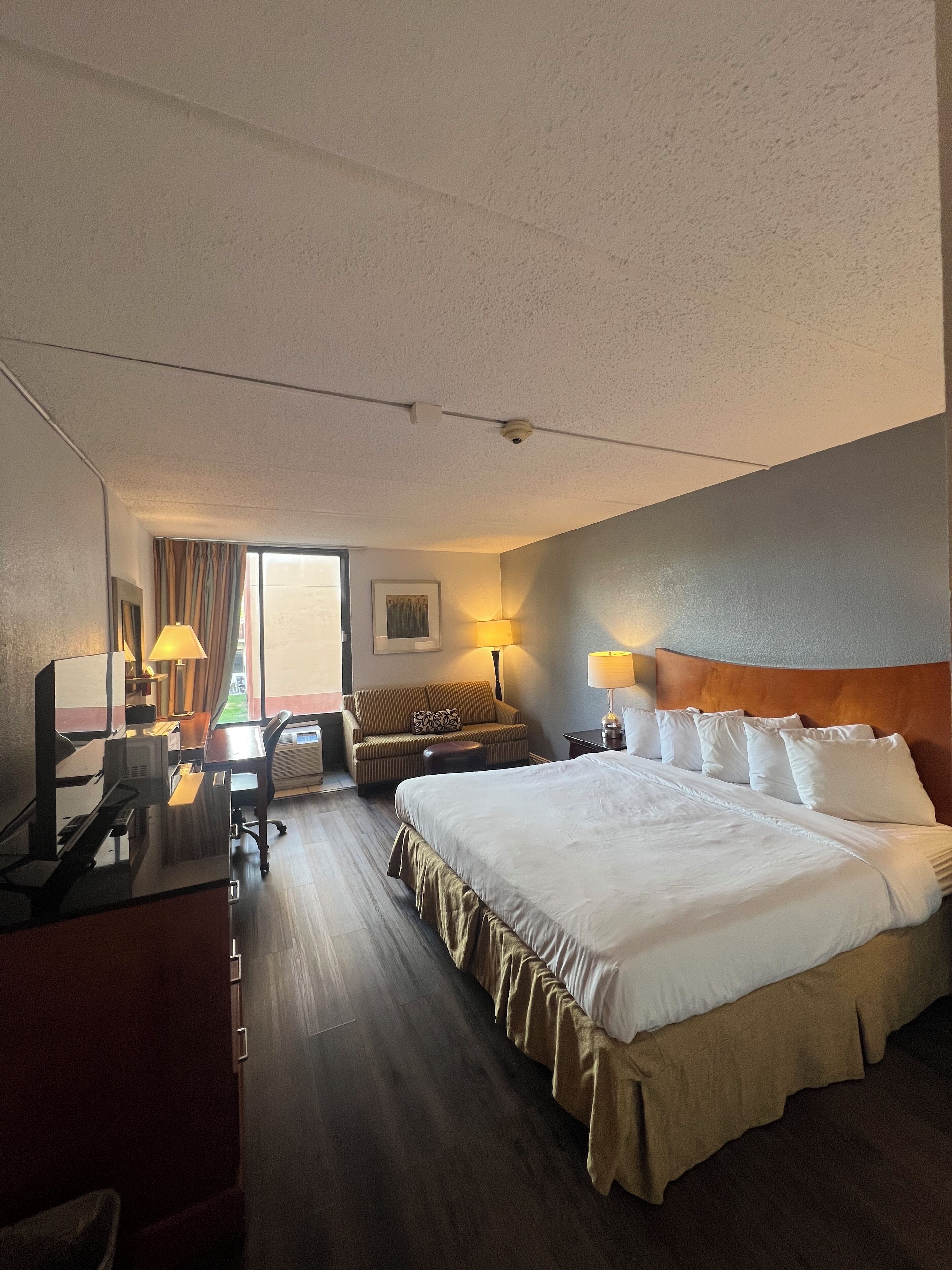Habitación de hotel con una cama grande, un escritorio con computadora, un sofá y una ventana con cortinas.