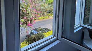 Een uitzicht op straat en groen vanuit een raam.