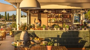 An outdoor bar area with a wooden table, chairs, and a variety of plants. - Marea Valamar Collection Suites (Porec)