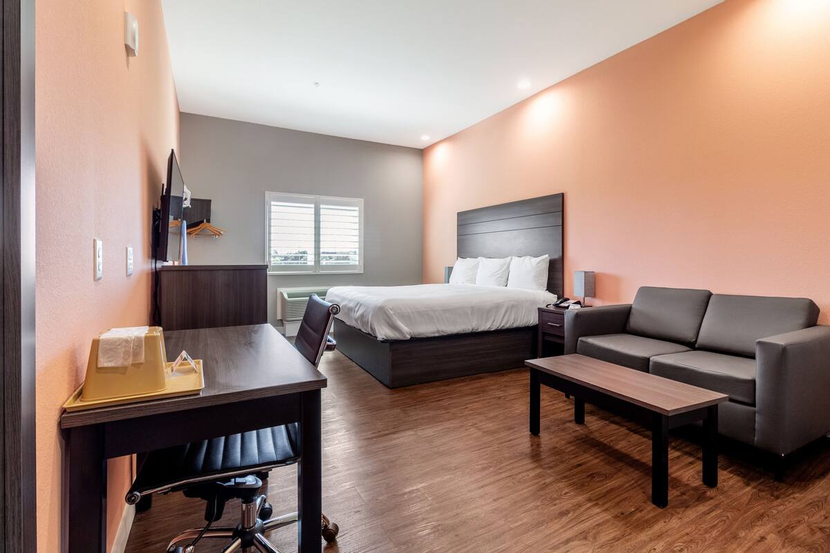 A modern hotel room with a bed, a sofa, a desk, and a chair.