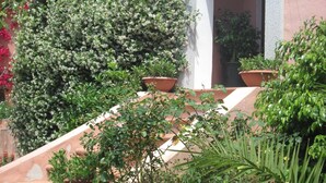 A building with a pink facade, a wooden door, and a window with a shutter. There are potted plants and a staircase leading up to the entrance. - Bed and Breakfast Dessole (Olbia)