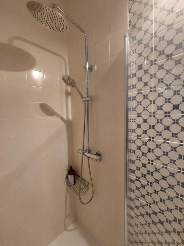 Douche, sèche-cheveux, serviettes fournies, savon