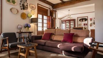 TV connectée, cheminée, table de tennis de table, livres