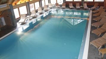 Indoor pool, open 10:00 AM to 10:00 PM, sun loungers