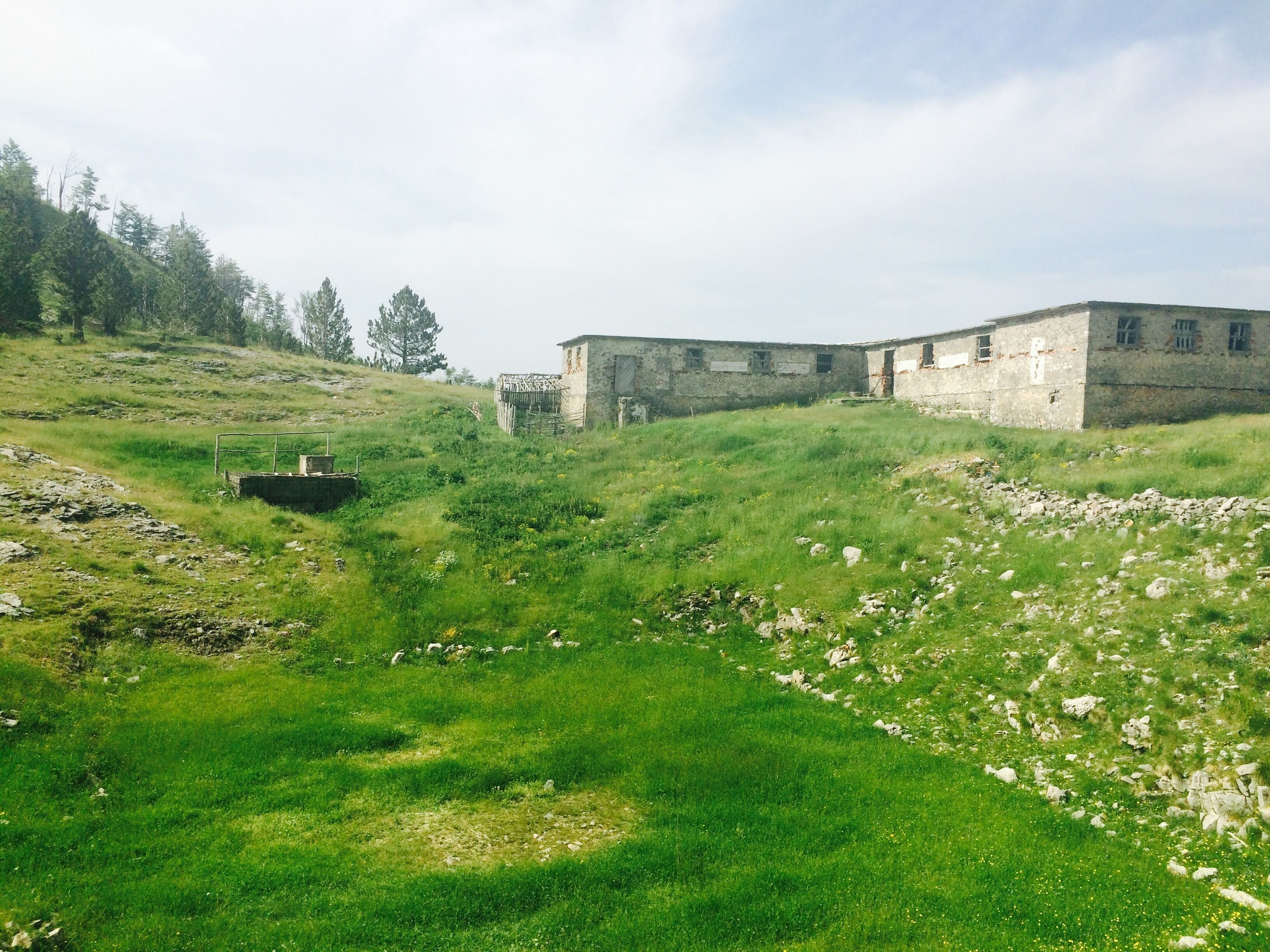 A grassy field with a stone structure and a small water feature.