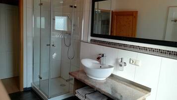 Hair dryer, towels, soap, toilet paper