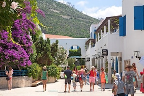 A bustling street with white buildings, blue shutters, and purple bougainvillea flowers.