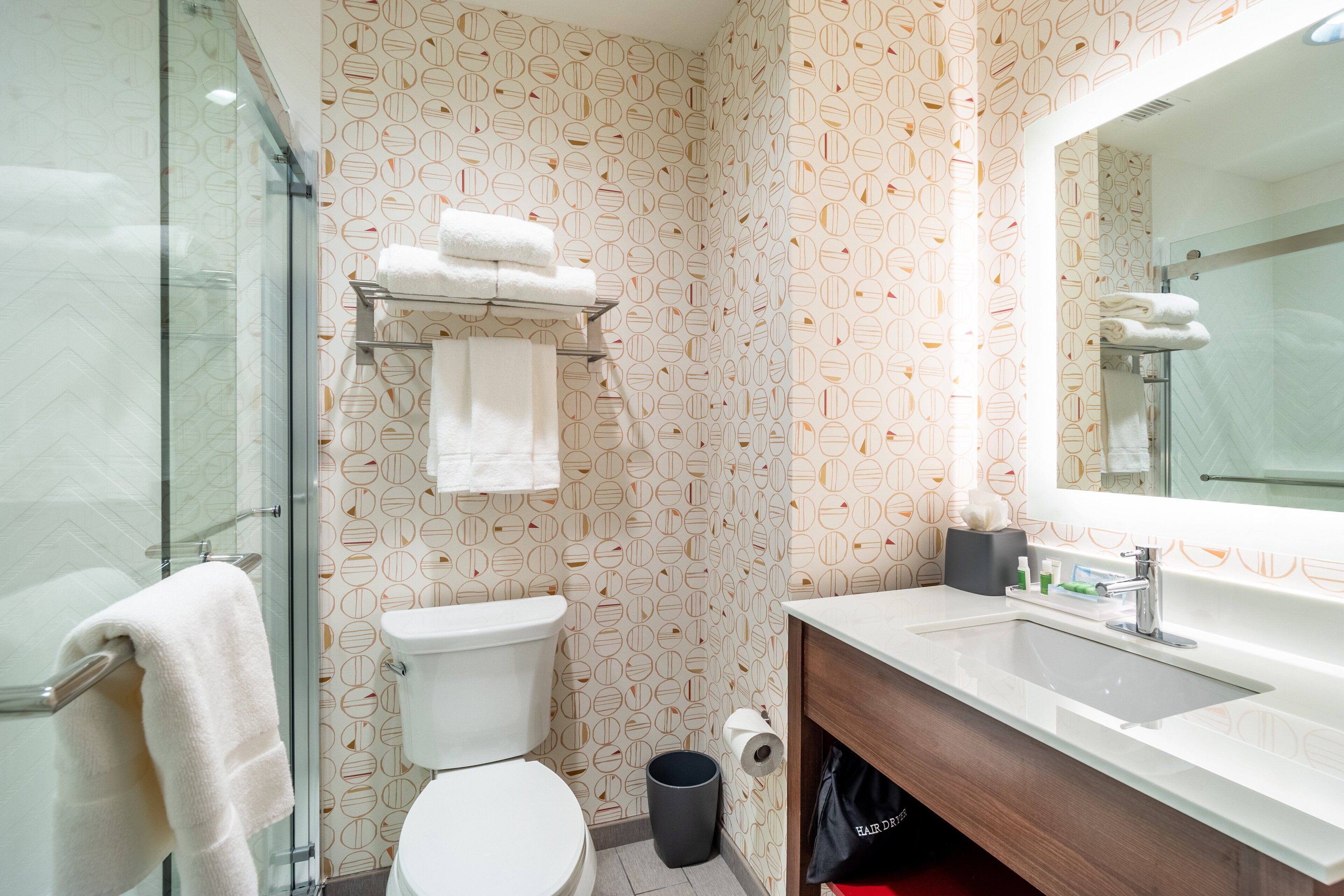 hair dryer, towels, soap, shampoo