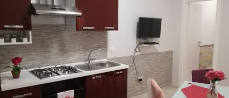 Fridge, oven, stovetop, cookware/dishes/utensils