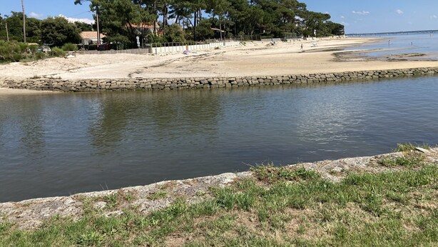 A beach with a stone wall and grassy area in the foreground, a sandy beach with trees and a few buildings in the background, and a calm body of water.