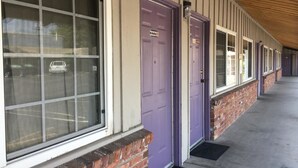 Une rangée de pièces avec des portes violettes et de grandes fenêtres.