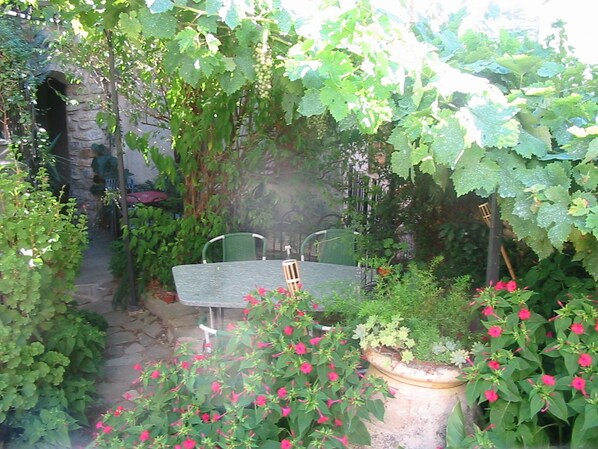A stone pathway leading to a table and chairs set under a vine-covered pergola.