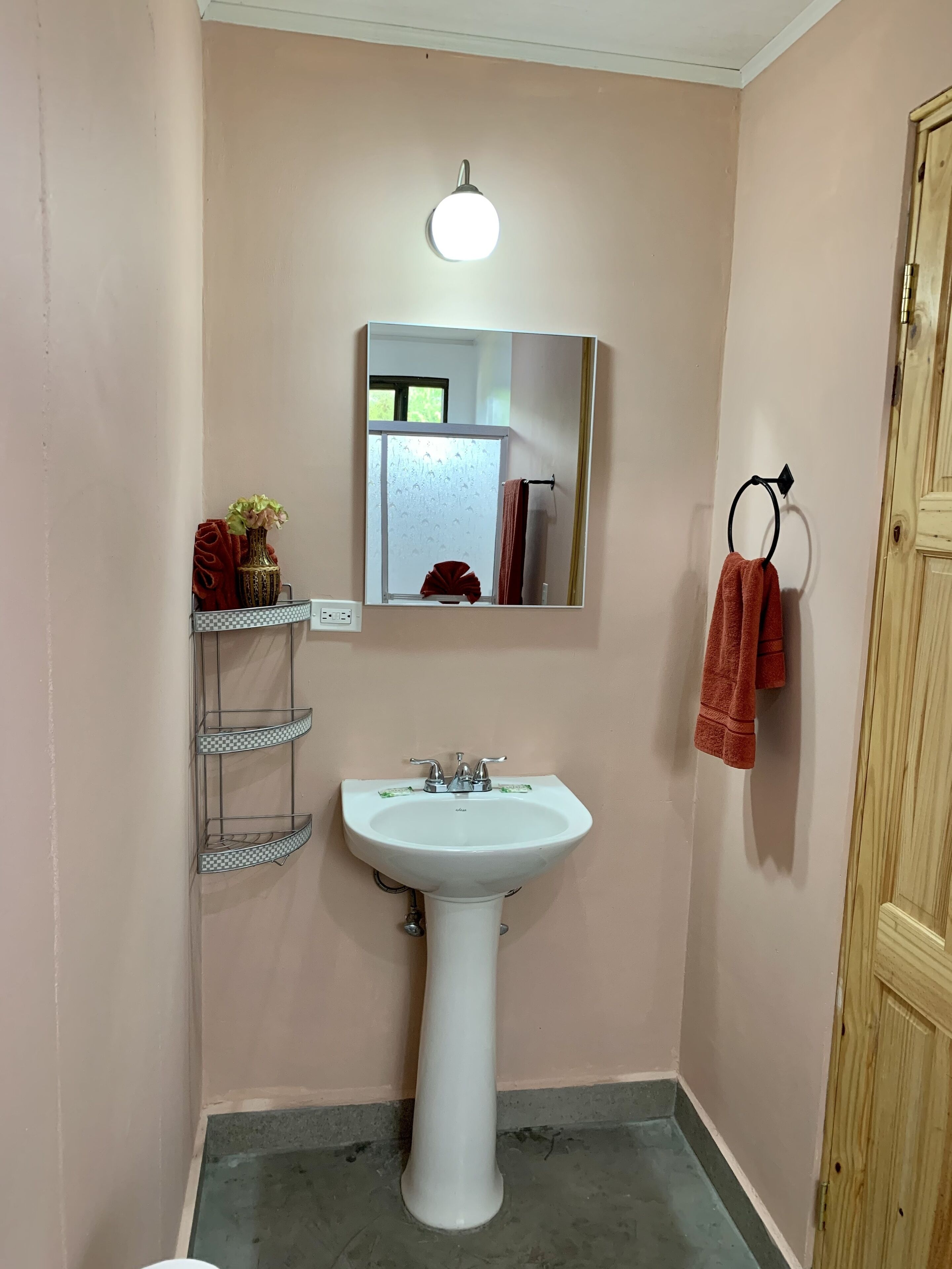 Baño con lavamanos blanco, espejo y lámpara sobre él. Hay dos toalleros con toallas colgadas.