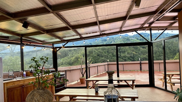 A wooden table with a bottle of liquor, a potted plant, and a bar area with a sink and utensils. - Buena Vista Boquete (Boquete)