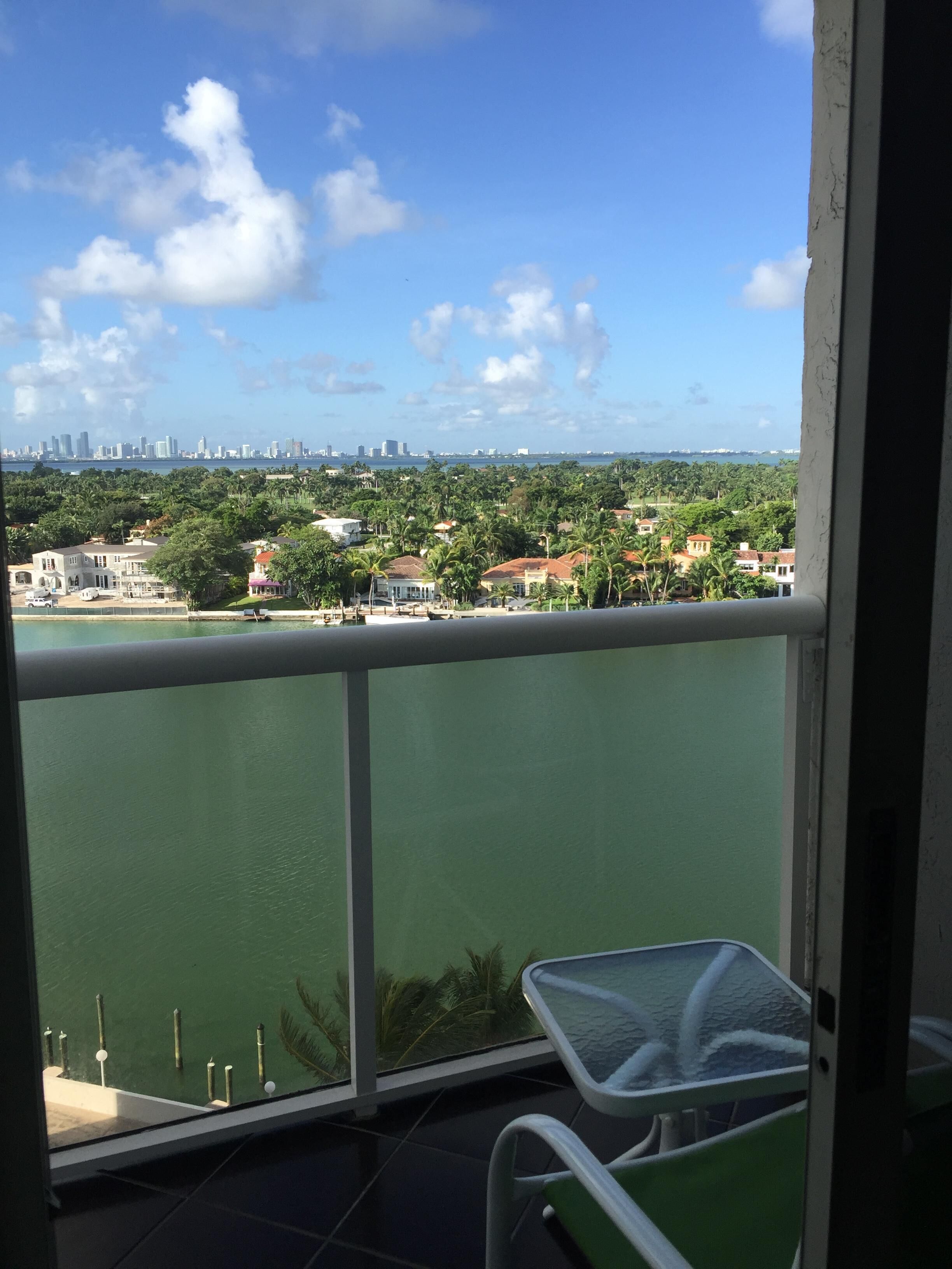 A balcony with a view of a city skyline, a body of water, and greenery.