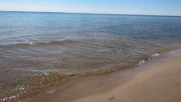 Une plage à l’eau claire et au rivage sablonneux.