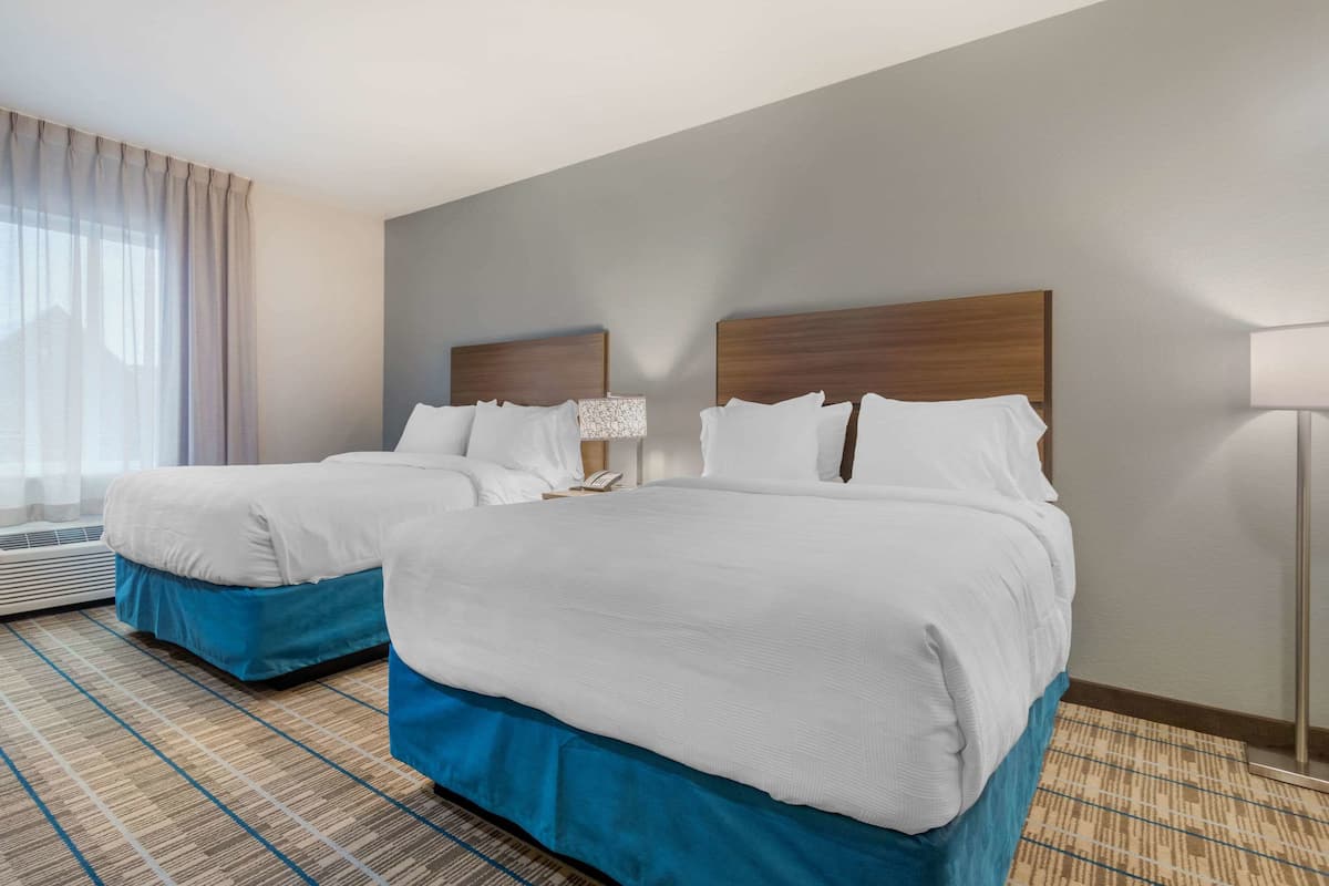 Een hotelkamer met twee bedden, een groot raam met gordijnen, een bedlamp en een kamerbreed tapijt met dessin.