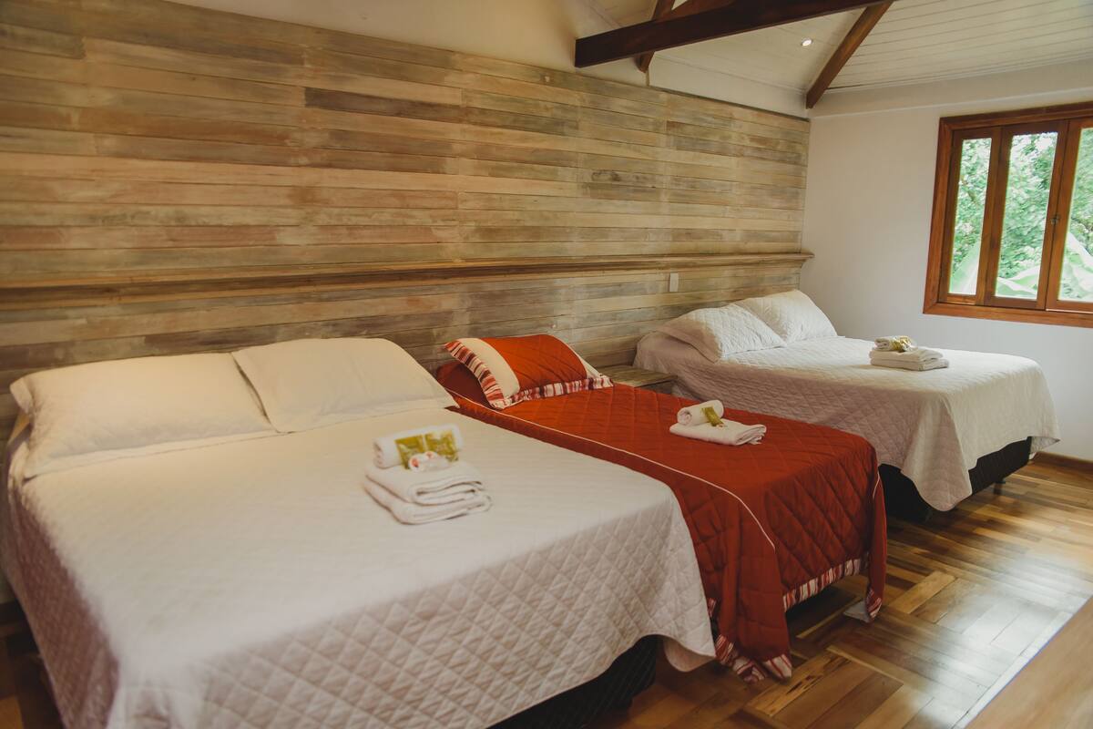 Two single beds with white and red bedding, wooden paneling on the wall, and a window with a view of greenery.