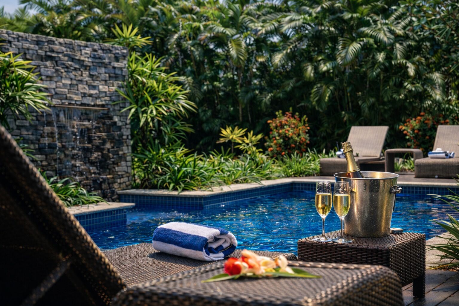 Zona junto a la piscina con un muro de piedra, sillas de descanso, una mesa de mimbre, una botella de champán, copas y una toalla.